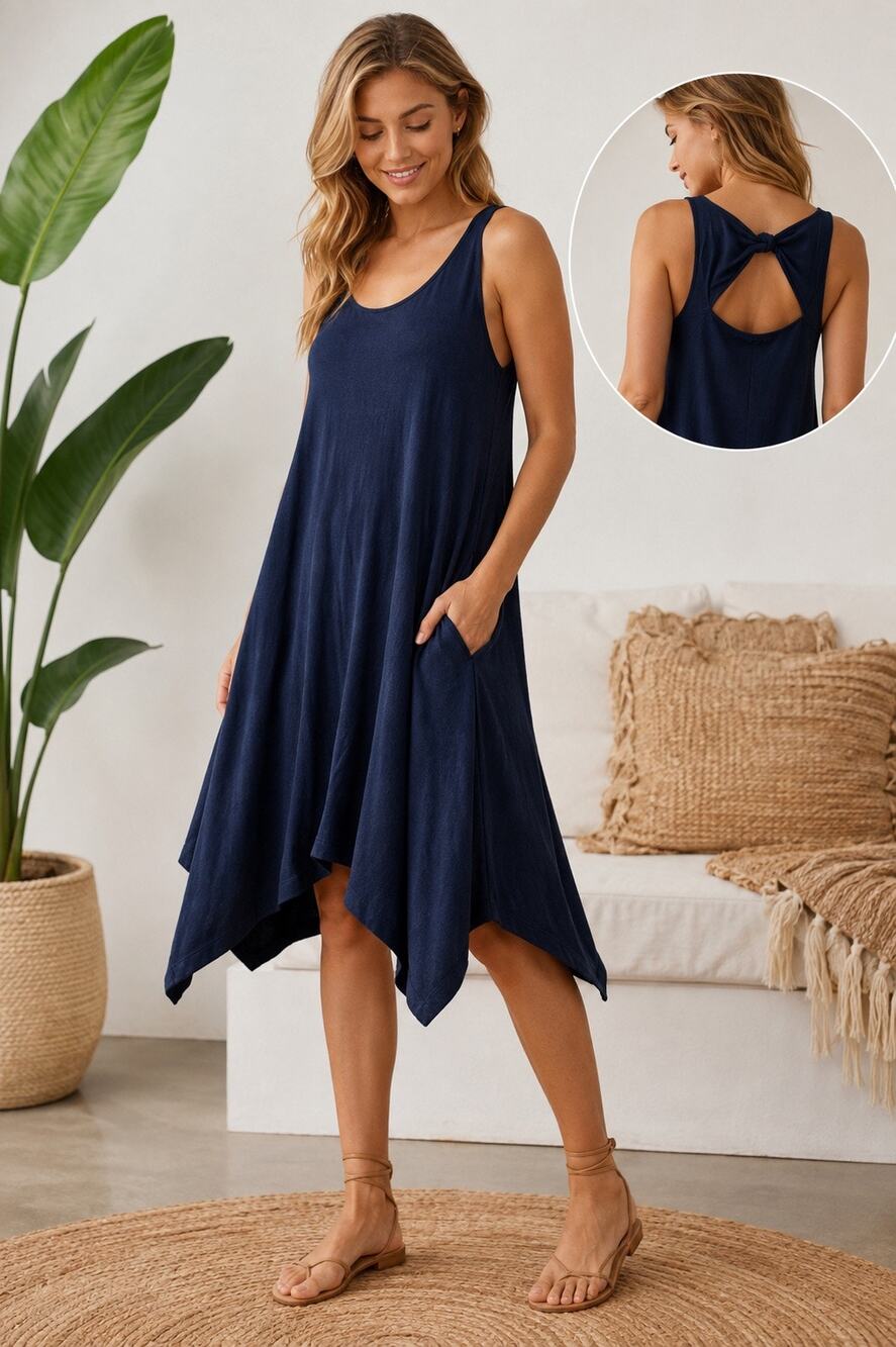 August Silk Navy Handkerchief Hem Sundress Sleeveless Tie Back Swing Dress NWT M